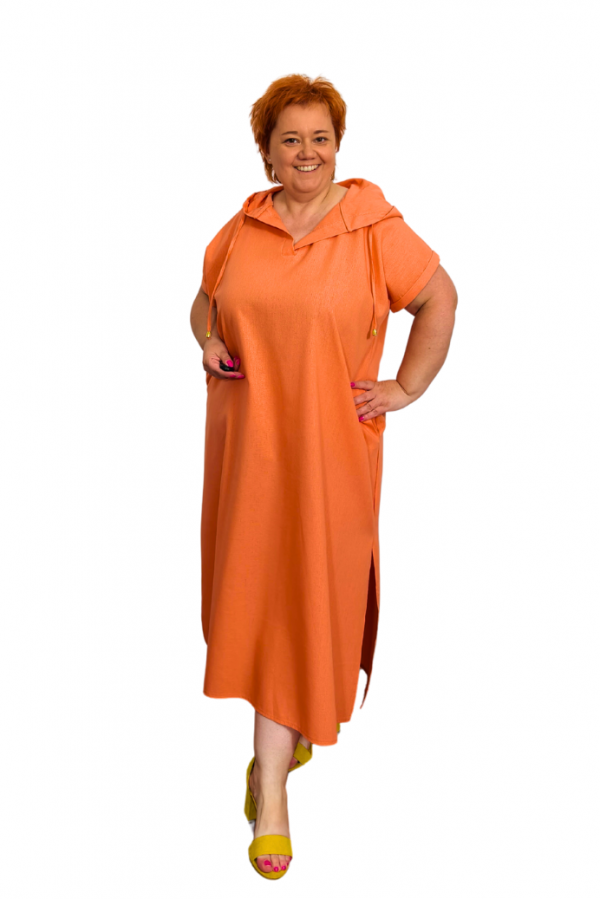 Ľanové šaty s kapucňou - oranžové